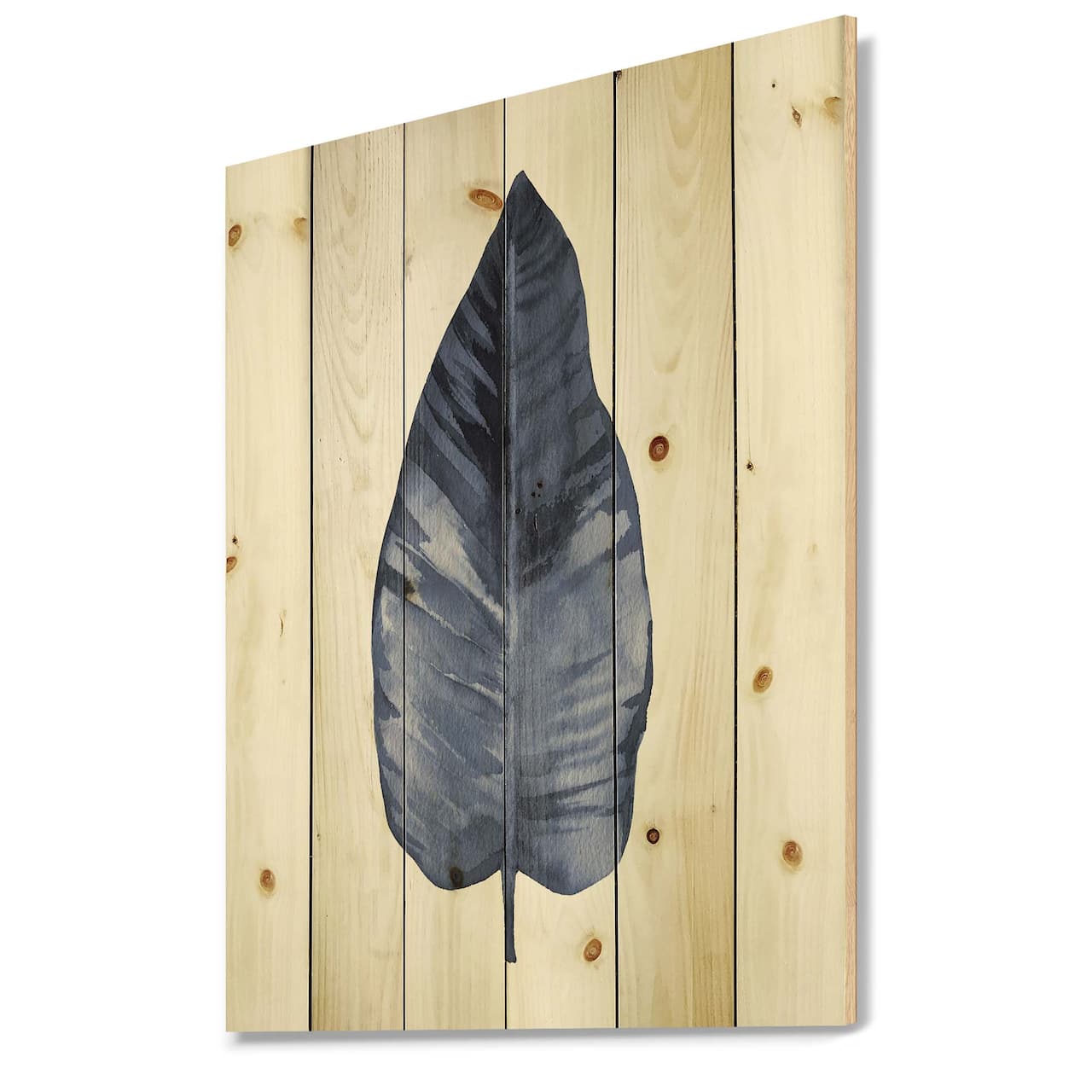 Designart - Blue Leaf Watercolour On White - Traditional Print on Natural Pine Wood